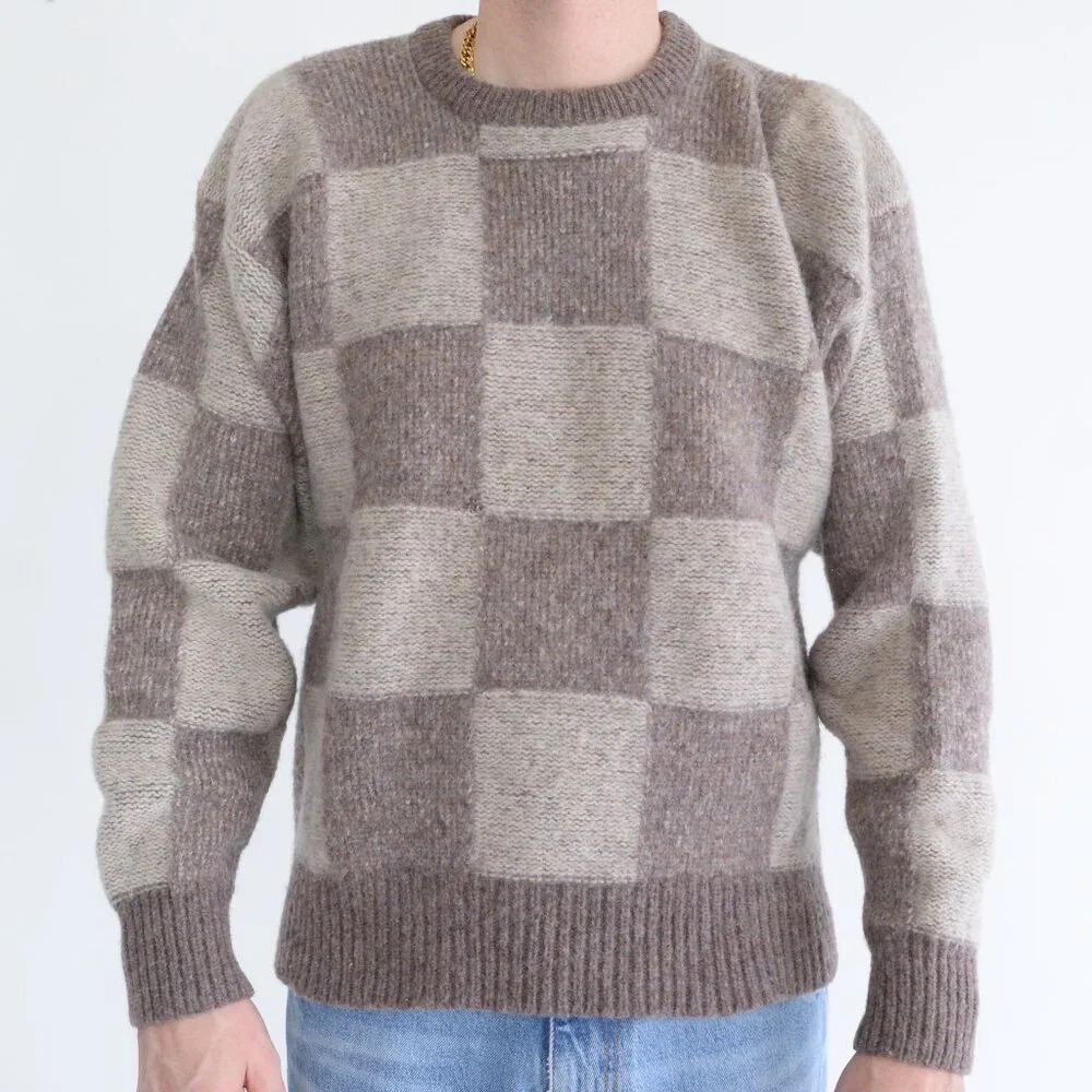 Vintage 90S Jockey Tan And Brown Checker Pattern 100% Wool Crew Neck Sweater Med